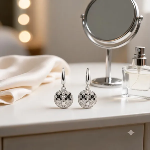 Silver_Earrings_Monochrome_Mosaic_Clear_Stone_Drop