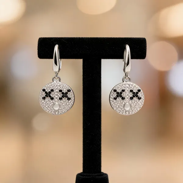 Silver_Earrings_Monochrome_Mosaic_Clear_Stone_Drop