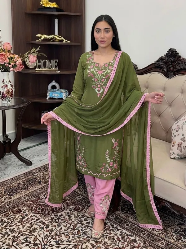 Olive_Green_Cotton_Unstiched_Suit_Set_For_Women