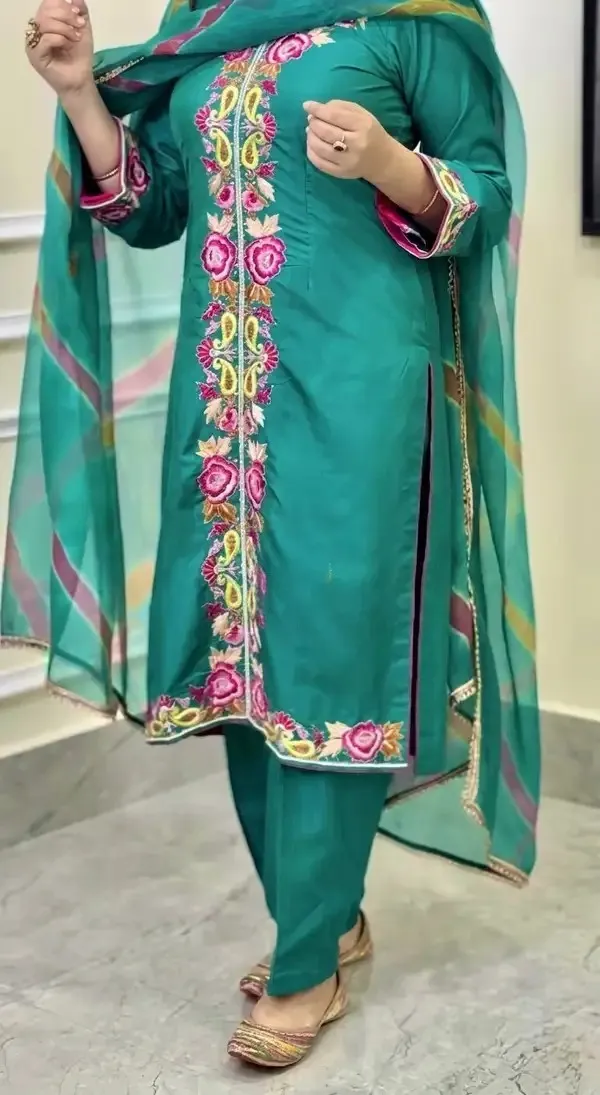 Teal_Silk_Unstiched_Suit_Set_For_Women