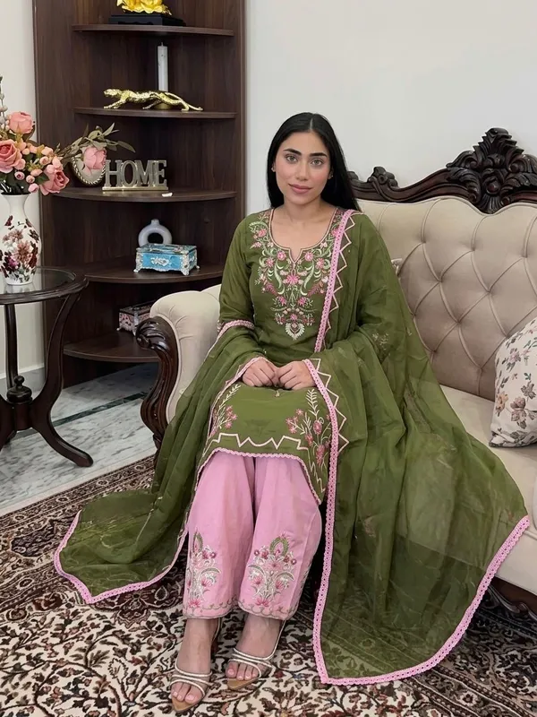 Olive_Green_Cotton_Unstiched_Suit_Set_For_Women