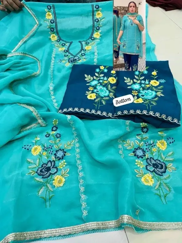 Turquoise_Cotton_Unstiched_Suit_Set_For_Women