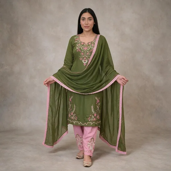 Olive_Green_Cotton_Unstiched_Suit_Set_For_Women