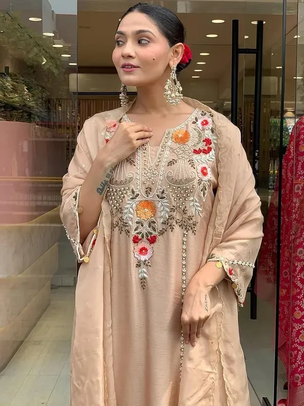 Peach_Chanderi_Unstiched_Suit_Set_For_Women