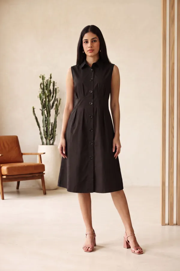 Black_Pure_Cotton_Sleeveless_A_Line_Dress_For_Women