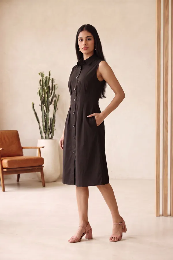 Black_Pure_Cotton_Sleeveless_A_Line_Dress_For_Women