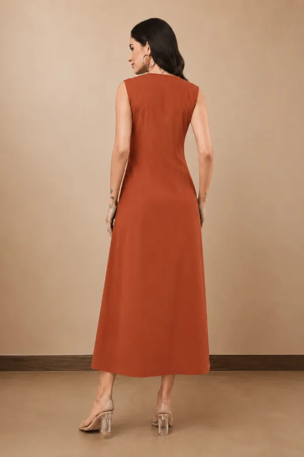 Rust_Cotton_Sleeveless_Button_Front_A_Line_Dress_For_Women
