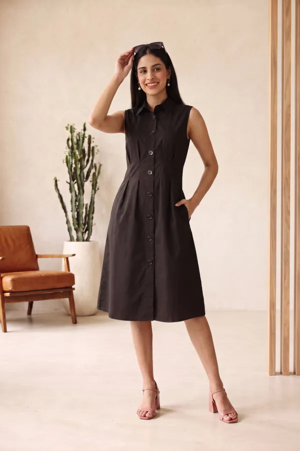 Black_Pure_Cotton_Sleeveless_A_Line_Dress_For_Women