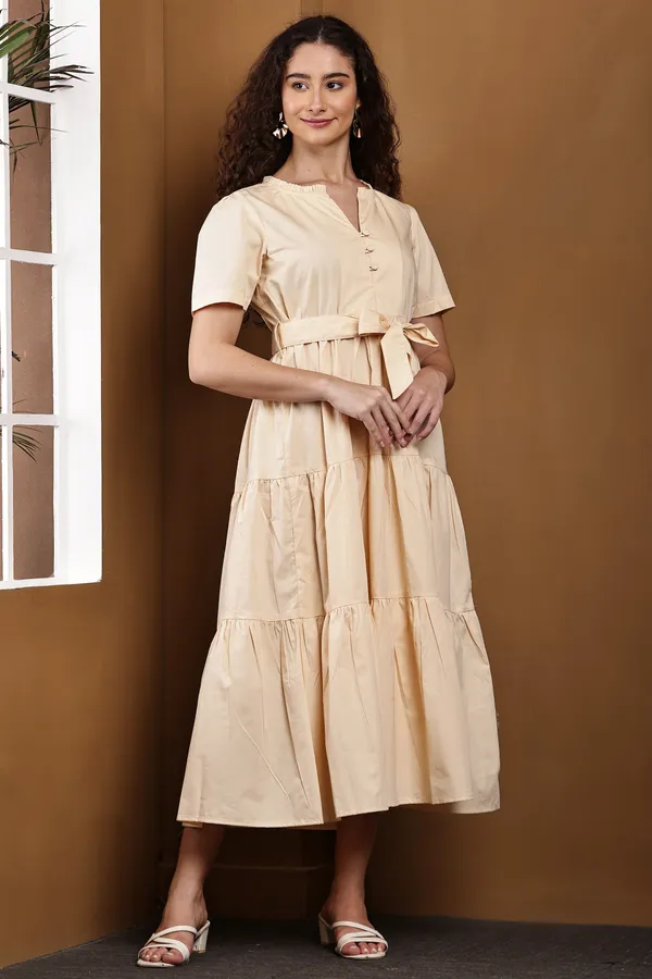 Beige_Cotton_Short_Sleeve_Tiered_Midi_Dress_For_Women