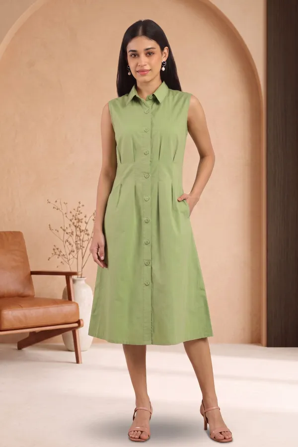 Green_Cotton_Sleeveless_Shirt_Dress_For_Women