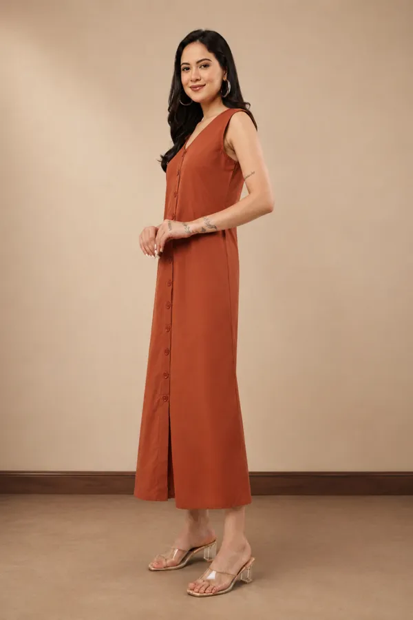 Rust_Cotton_Sleeveless_Button_Front_A_Line_Dress_For_Women
