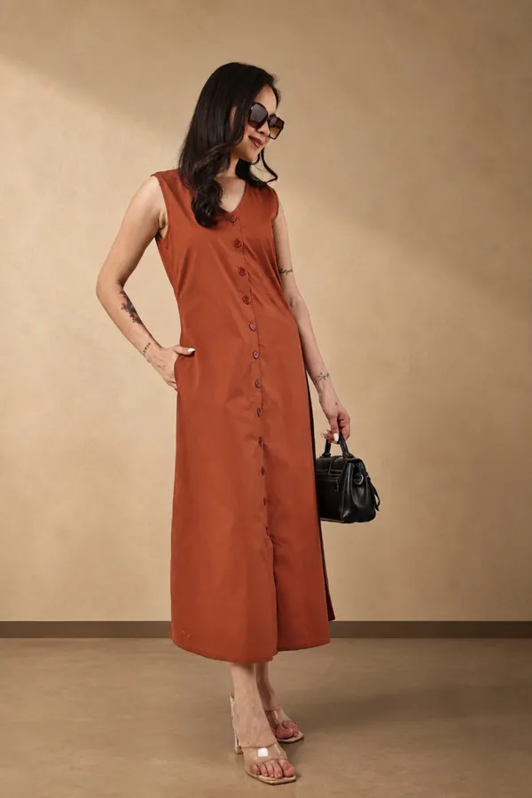 Rust_Cotton_Sleeveless_Button_Front_A_Line_Dress_For_Women