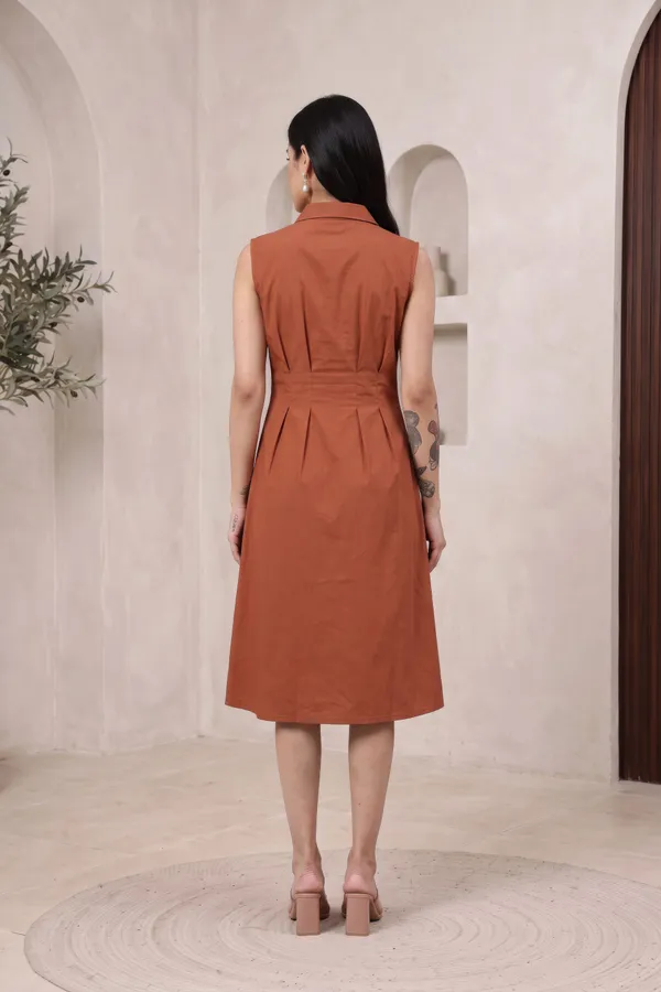 Rust_Cotton_Sleeveless_Shirt_Dress_For_Women