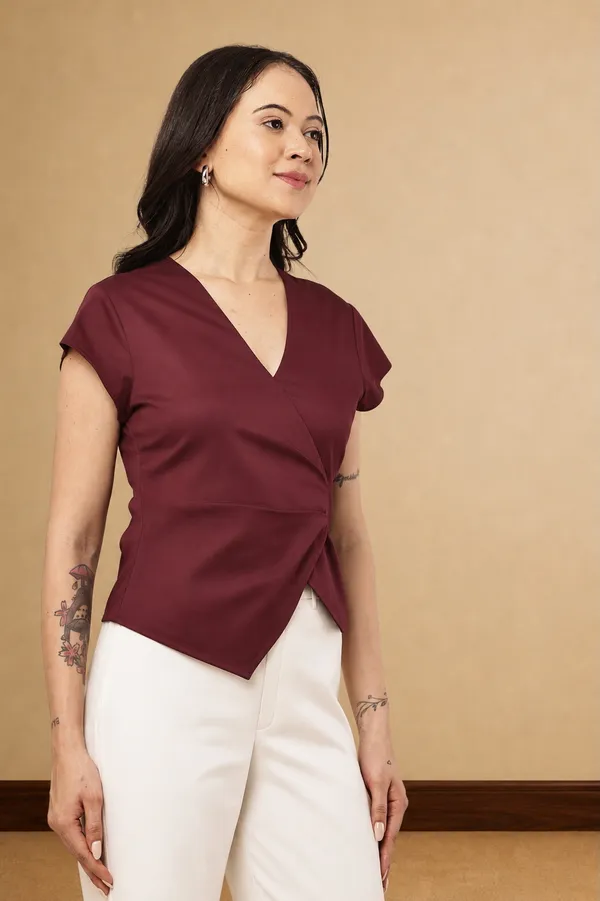 Burgundy_Cotton_Blend_Wrap_Style_Top_For_Women