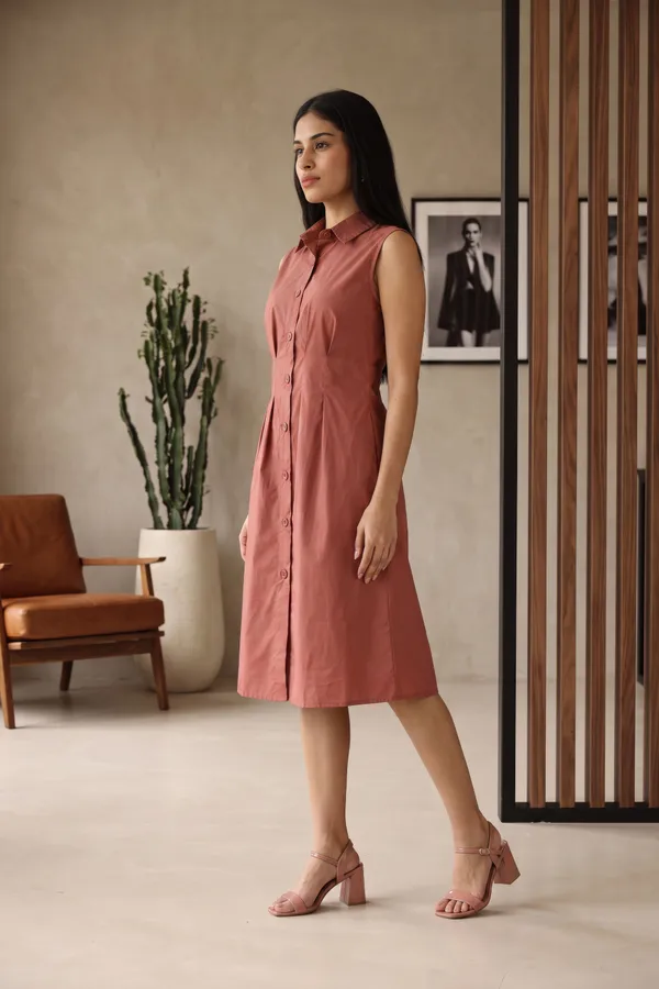 Rust_Pure_Cotton_Sleeveless_Shirt_Dress_For_Women