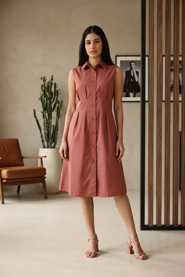 Rust_Pure_Cotton_Sleeveless_Shirt_Dress_For_Women