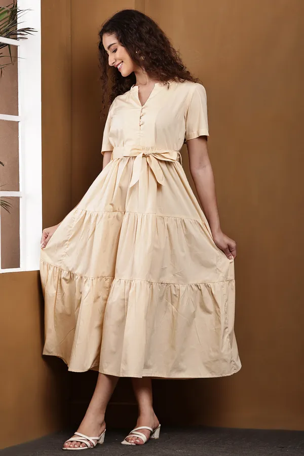 Beige_Cotton_Short_Sleeve_Tiered_Midi_Dress_For_Women