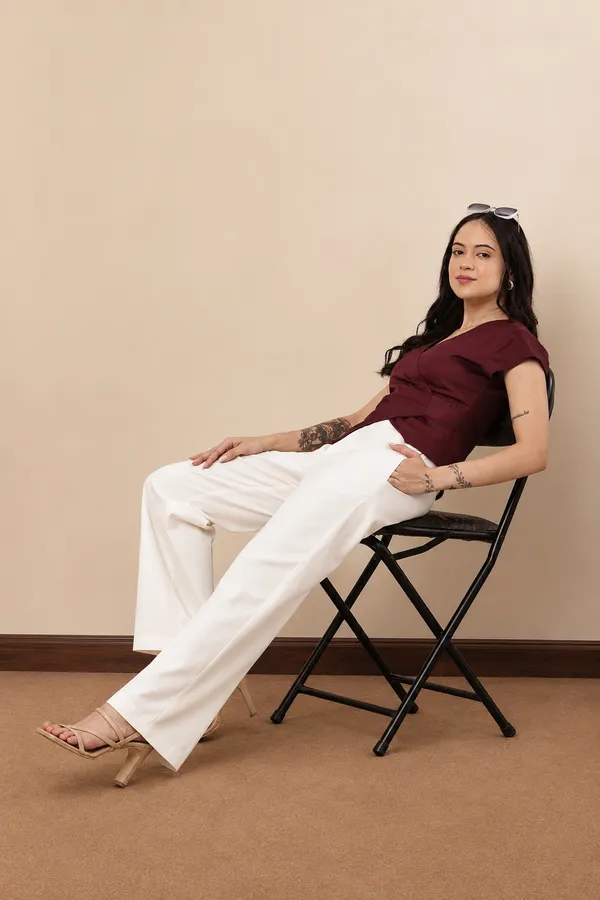 Burgundy_&_White_Cotton_Blend_Short_Sleeve_Top_And_Wide_Leg_Trousers_Set_For_Women