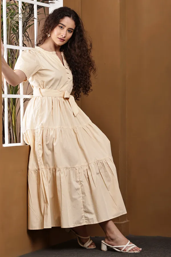 Beige_Cotton_Short_Sleeve_Tiered_Midi_Dress_For_Women