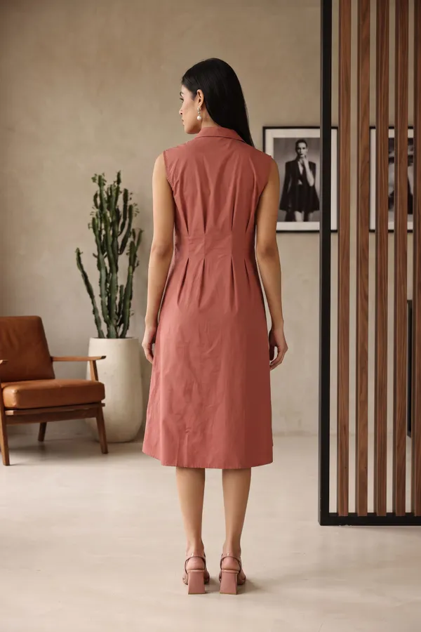 Rust_Pure_Cotton_Sleeveless_Shirt_Dress_For_Women