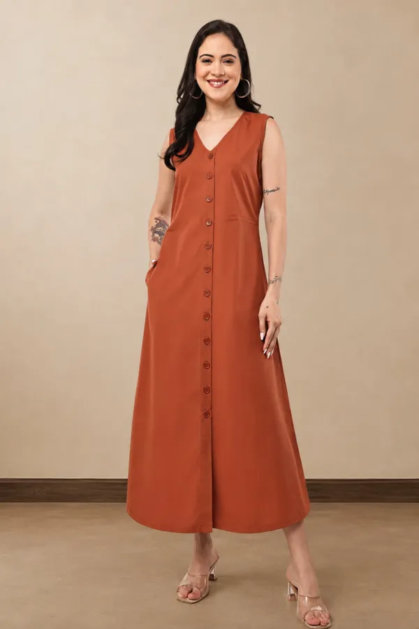 Rust_Cotton_Sleeveless_Button_Front_A_Line_Dress_For_Women