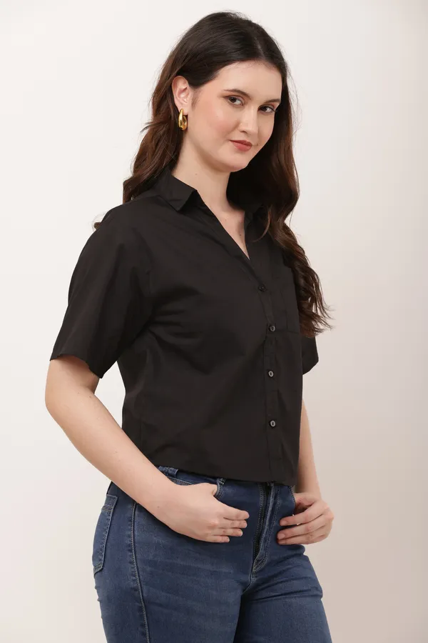 Black_Cotton_Short_Sleeve_Cropped_Shirt_For_Women