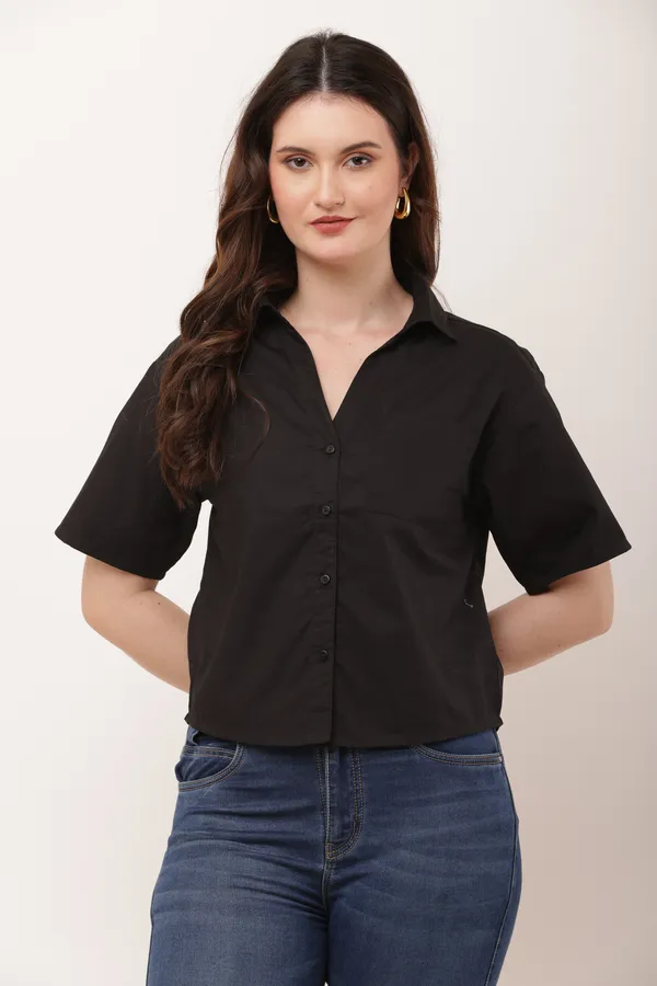Black_Cotton_Short_Sleeve_Cropped_Shirt_For_Women