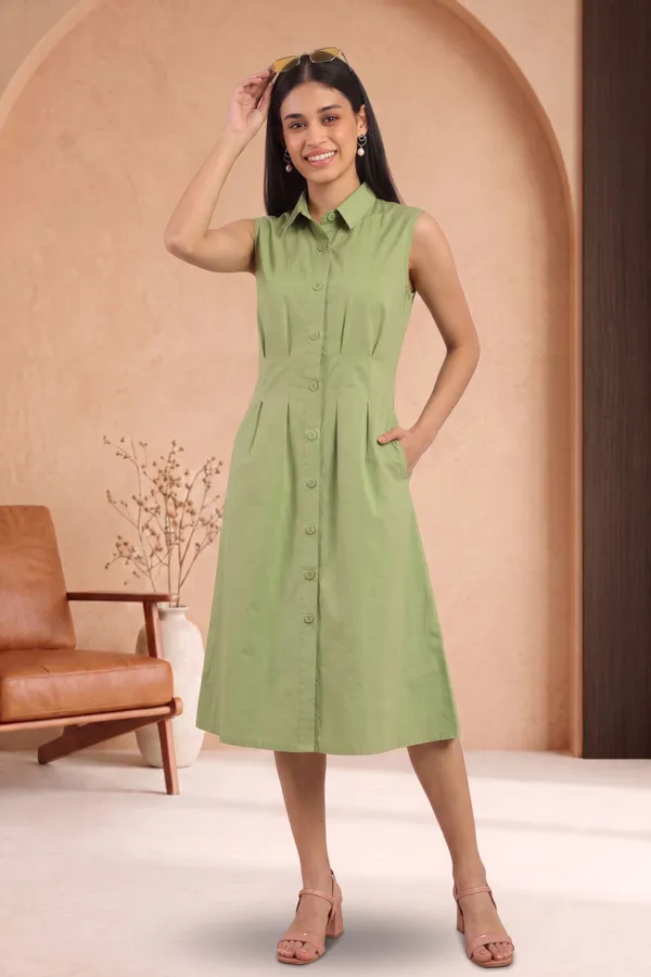 Green_Cotton_Sleeveless_Shirt_Dress_For_Women