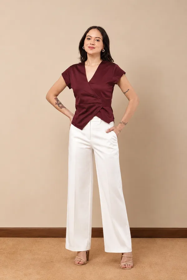 Burgundy_Cotton_Blend_Wrap_Style_Top_For_Women