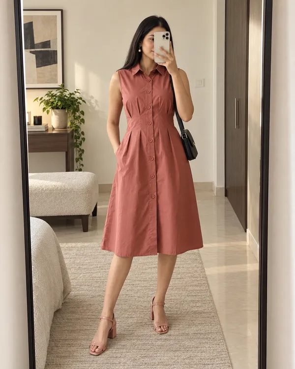 Rust_Pure_Cotton_Sleeveless_Shirt_Dress_For_Women