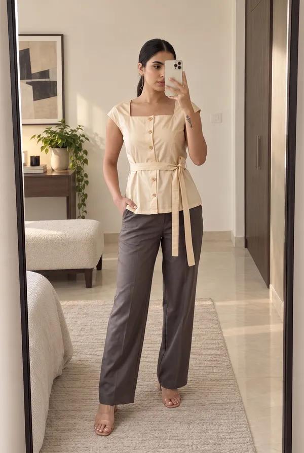 Cream_Square_Neck_Tie_Waist_Top_for_Women