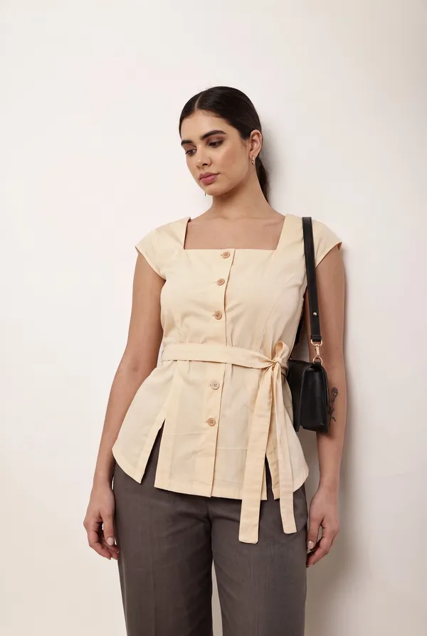Cream_Square_Neck_Tie_Waist_Top_for_Women