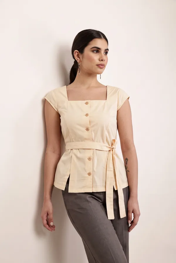 Cream_Square_Neck_Tie_Waist_Top_for_Women