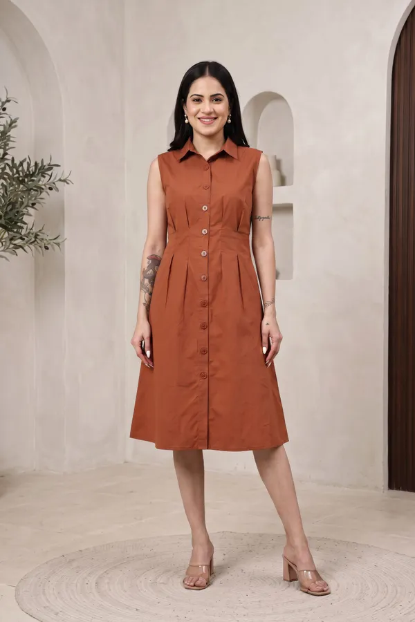 Rust_Cotton_Sleeveless_Shirt_Dress_For_Women