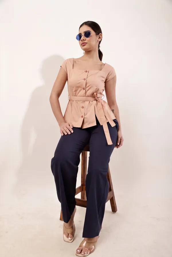 Peach_Solid_Square_Neck_Tie-Waist_Top_for_Women