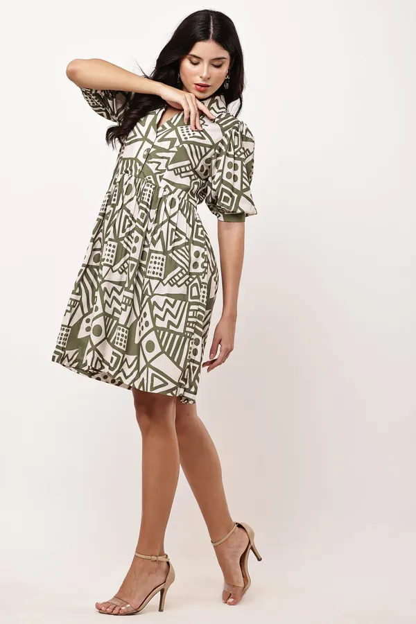 Olive_Rayon_Viscose_Geometric_Print_A_Line_Dress_For_Women