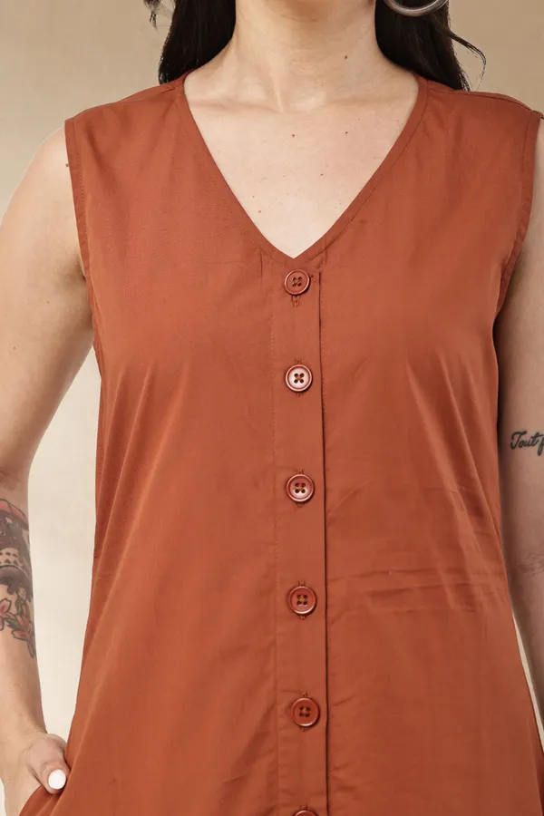Rust_Cotton_Sleeveless_Button_Front_A_Line_Dress_For_Women