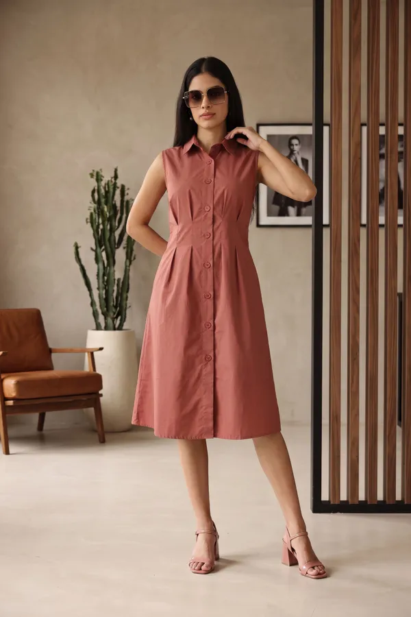 Rust_Pure_Cotton_Sleeveless_Shirt_Dress_For_Women