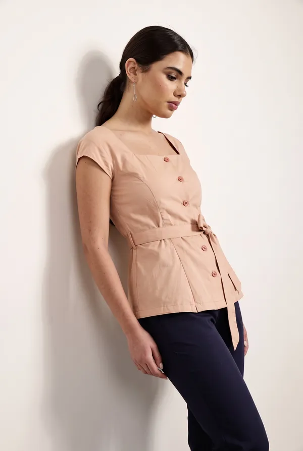 Peach_Solid_Square_Neck_Tie-Waist_Top_for_Women