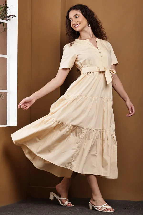 Beige_Cotton_Short_Sleeve_Tiered_Midi_Dress_For_Women