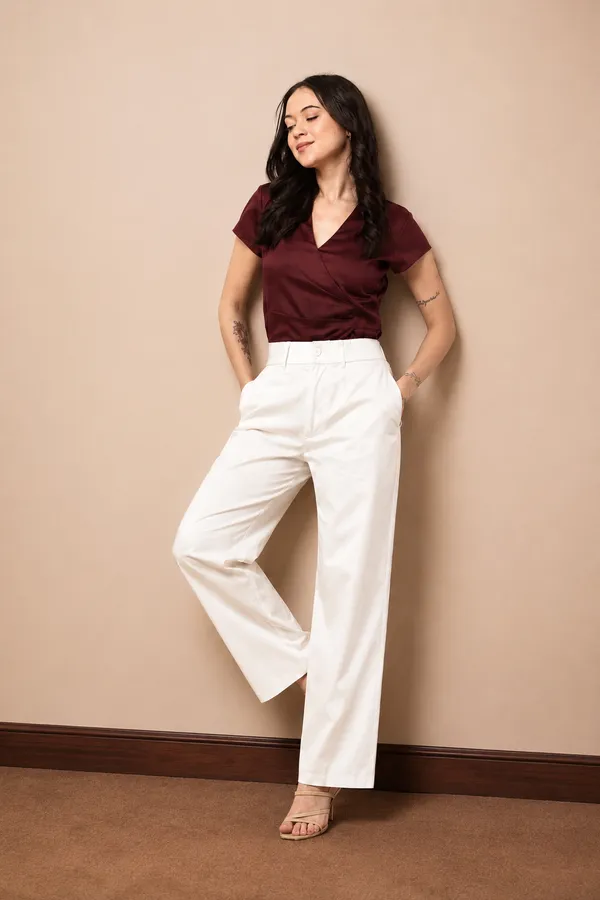 Burgundy_&_White_Cotton_Blend_Short_Sleeve_Top_And_Wide_Leg_Trousers_Set_For_Women