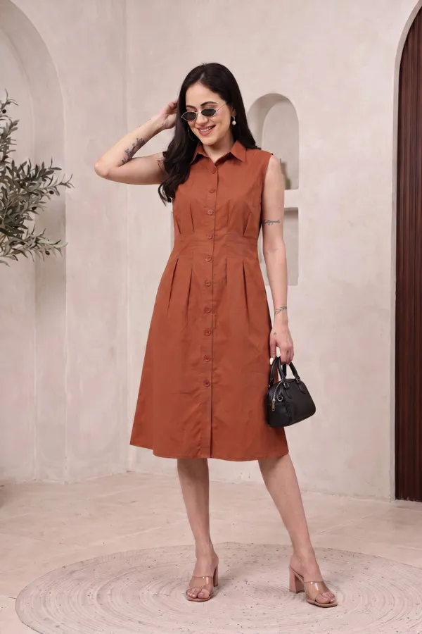 Rust_Cotton_Sleeveless_Shirt_Dress_For_Women