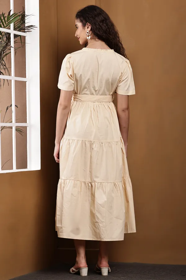 Beige_Cotton_Short_Sleeve_Tiered_Midi_Dress_For_Women
