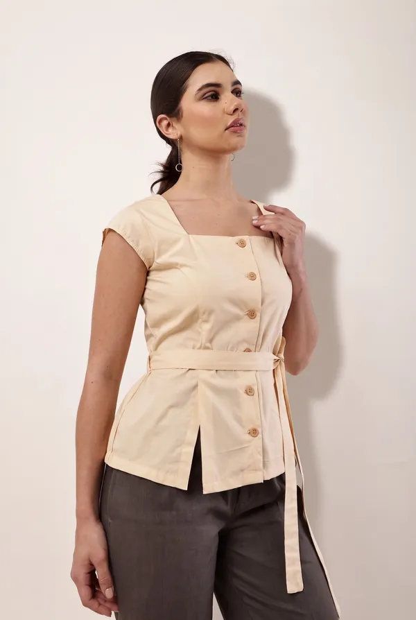 Cream_Square_Neck_Tie_Waist_Top_for_Women