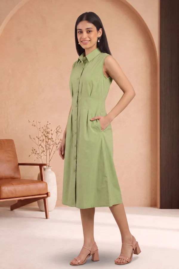 Green_Cotton_Sleeveless_Shirt_Dress_For_Women