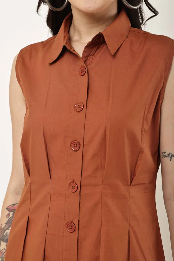 Rust_Cotton_Sleeveless_Shirt_Dress_For_Women