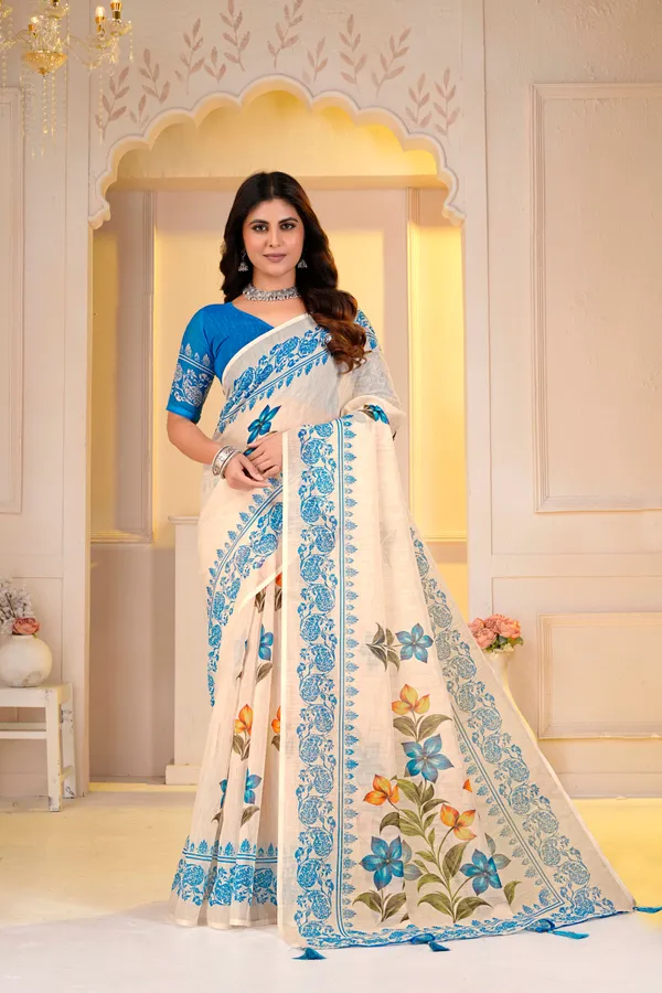 Brush_Printed_Saree_For_Women_Linen_Cotton_With_Velve_Edition