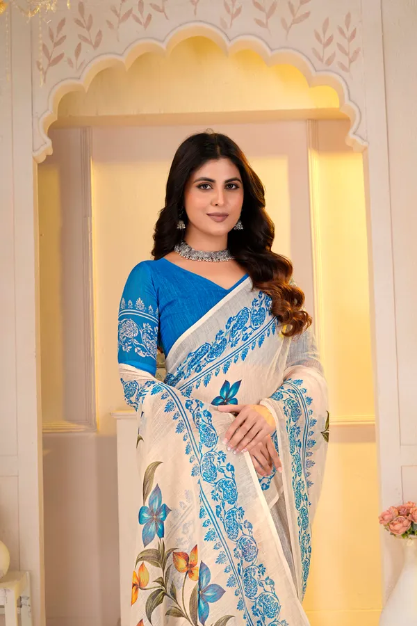 Brush_Printed_Saree_For_Women_Linen_Cotton_With_Velve_Edition
