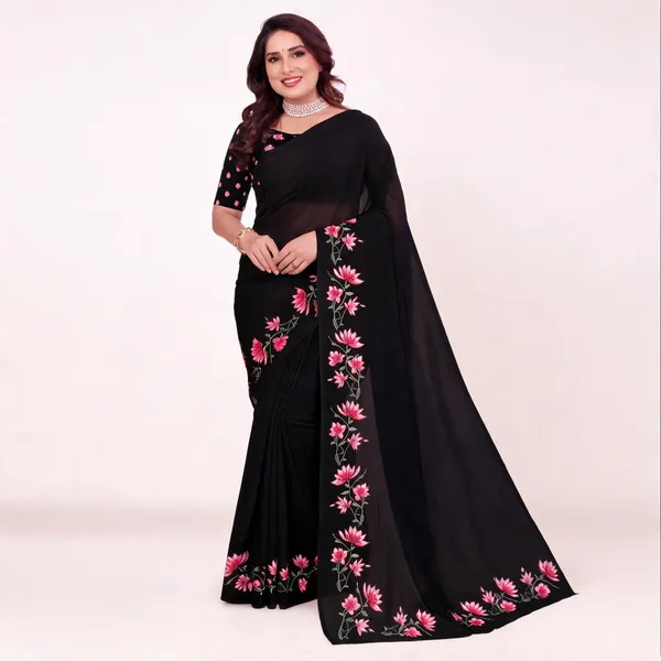 Black_Printed_Floral_Saree_For_Women_Linen_Cotton_Pure_With_Velve_Edition