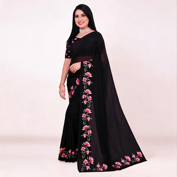 Black_Printed_Floral_Saree_For_Women_Linen_Cotton_Pure_With_Velve_Edition
